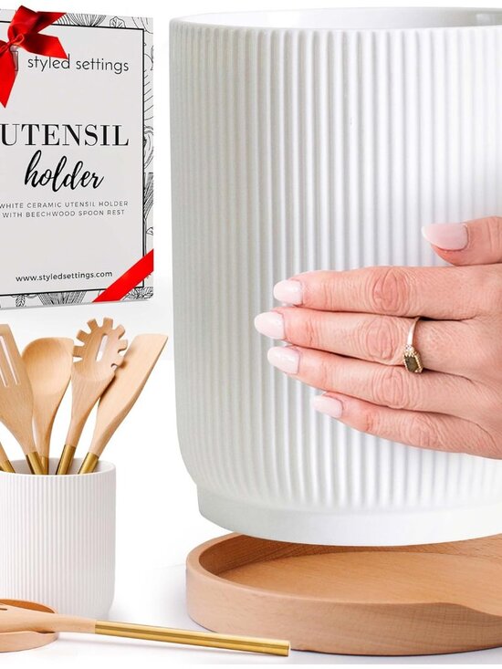 Other - White Ceramic Utensil Holder with Built-In Wooden Spoon Rest –2PC Set for Kitche